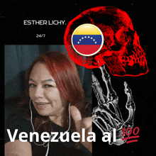 a woman with red hair is wearing headphones next to a skeleton hand and a skull with the venezuela flag on it