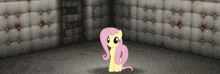 a cartoon pony with pink hair is standing in a room