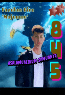 a young man is standing in front of an eagle with the number 8 and 5 written on the bottom