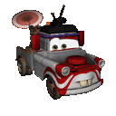 a red and gray cartoon car with a satellite dish on top of it .