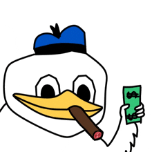 donald duck is holding a dollar bill and smoking a cigar