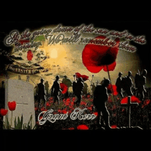 a poster of soldiers walking through a field of red flowers with a quote from grant kenn