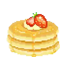 a pixel art illustration of pancakes with strawberries and syrup