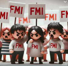 a group of toy figures holding up signs that say fmi