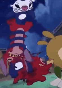 a group of cartoon characters are standing on top of each other in a tower .
