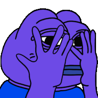 a purple cartoon character is covering his face with his hands