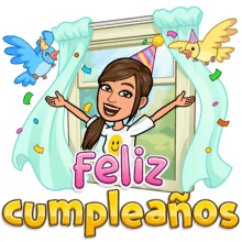 a cartoon of a woman wearing a party hat with the words feliz cumpleanos above her