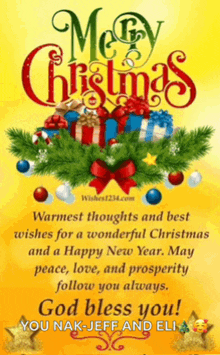 a merry christmas and happy new year greeting card with gifts and decorations on a yellow background .