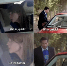 a man in a suit is standing next to a woman in a car and says get in quick