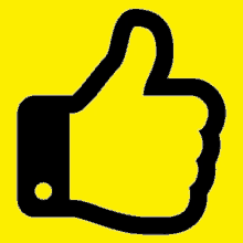 a black and white thumbs up icon on a yellow background