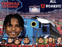 an advertisement for thomas and friends shows a football field and a blue train