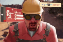 a man wearing a hard hat and goggles has a sign that says spy on it