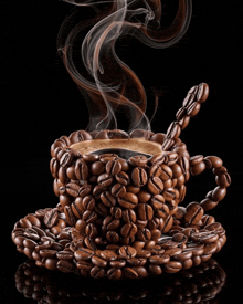 a cup of coffee made out of coffee beans with smoke coming out of it