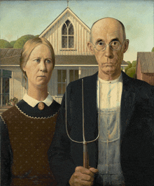 a painting of a man and a woman standing in front of a house