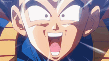 a close up of a cartoon character 's face with his mouth open and his tongue out .