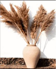 a vase filled with dried flowers is sitting on a table