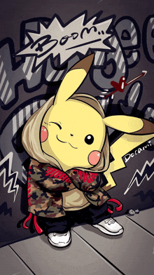 a drawing of a pikachu wearing a hooded jacket with the word boom written on it