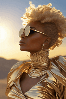 a woman wearing a gold outfit and sunglasses looks up at the sun