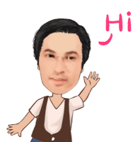 a cartoon of a man waving his hand with the word hi above him