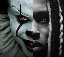 a close up of a clown and a close up of a woman 's face
