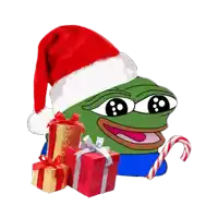 a frog wearing a santa hat is holding a candy cane and presents