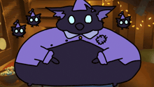 a cartoon drawing of a cat wearing a purple hat
