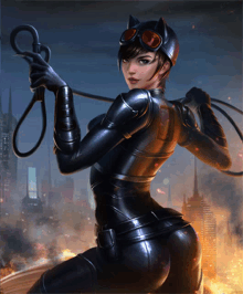 a woman in a catwoman costume holds a whip