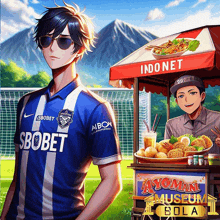 a man wearing a sbobet jersey stands next to a food stand