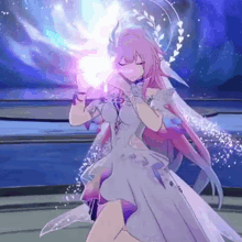 a girl with pink hair and a white dress is holding a purple light in her hand .