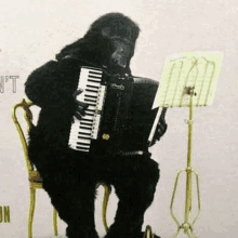 a gorilla is playing an accordion in a chair .