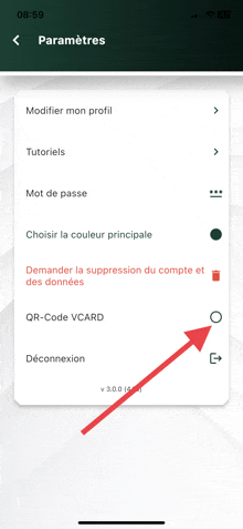 a screenshot of a phone screen with a red arrow pointing to the qr-code vcard