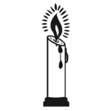 a black and white drawing of a candle with a flame and melting wax .