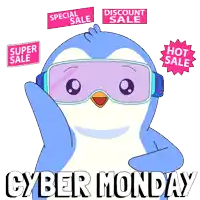 a penguin wearing goggles surrounded by stickers that say cyber monday