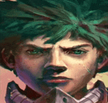 a close up of a boy 's face with green hair and a helmet .