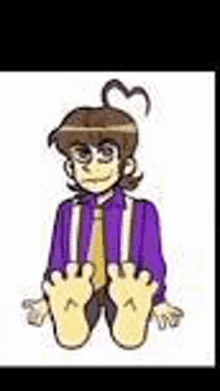 a cartoon of a boy in a purple shirt and suspenders sitting down with his feet up .