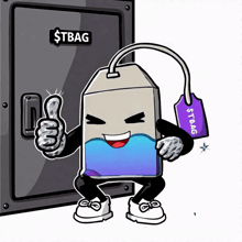 a cartoon of a tea bag giving a thumbs up in front of a safe that says $ tbag