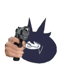 a person is holding a gun in front of a cartoon character with a sad face .