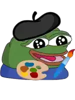 a green frog wearing a black beret and holding a palette and brush