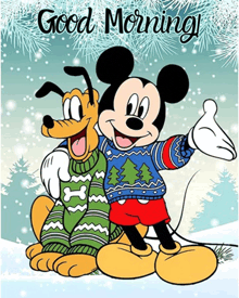 mickey mouse and pluto are wearing sweaters and the words good morning are on the bottom