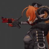 a girl with red hair is holding a red gun
