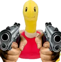a person is holding two guns in front of a stuffed animal with a yellow face