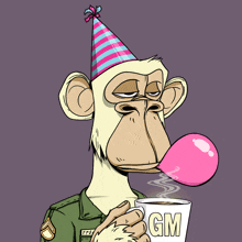 a cartoon of a monkey wearing a party hat blowing a bubble and holding a cup that says gm