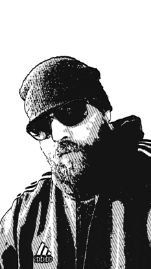 a black and white drawing of a man wearing sunglasses and a beanie