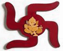 a red swastika with a picture of ganesha in the middle .