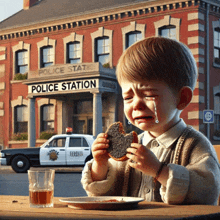 a little boy is crying while eating a piece of bread in front of the police station