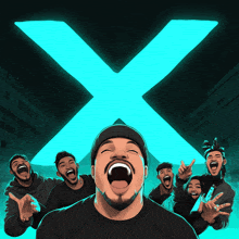 a group of men are laughing in front of a blue x