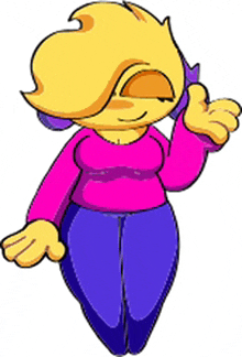 a cartoon character with a yellow head is wearing a pink shirt and blue jeans .