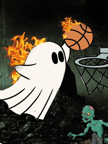 a cartoon of a ghost holding a basketball in front of a fire