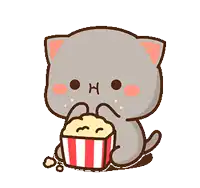 a cute cartoon cat is eating popcorn from a red and white striped box .