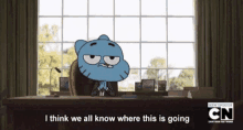 gumball from the amazing world of gumball sits at a desk in front of a window